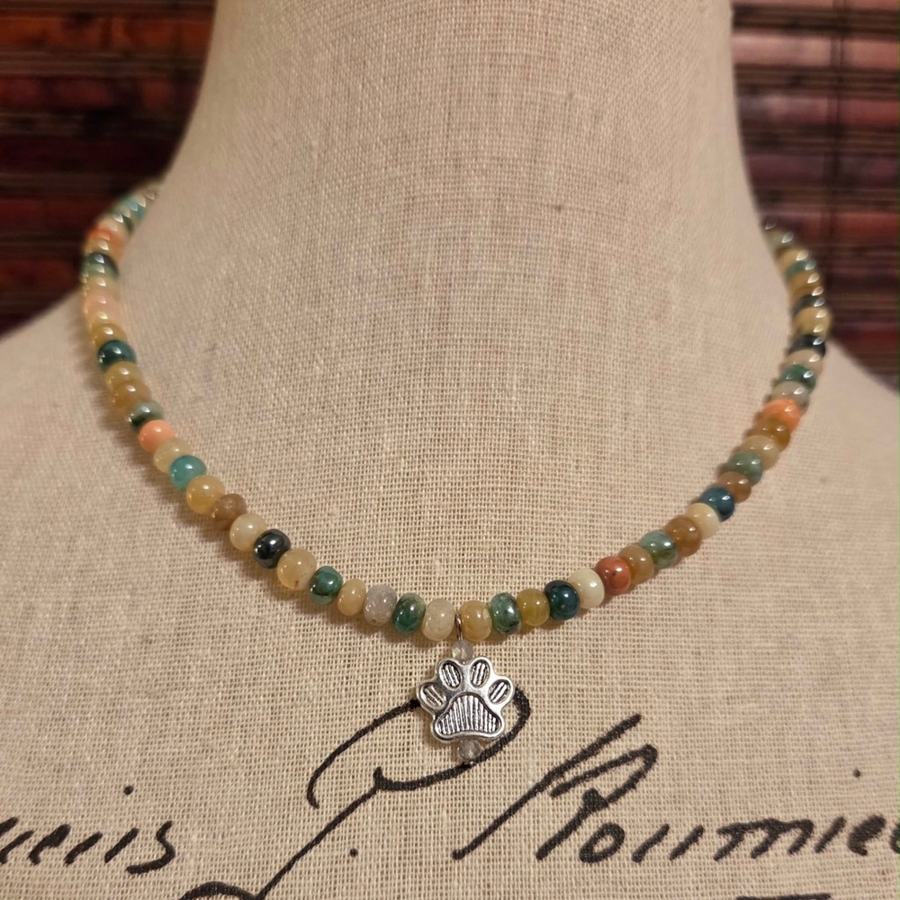 Multicolor Stone Beaded Necklace with Paw Charm NWOT